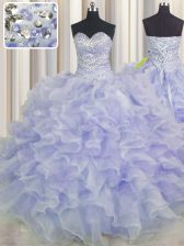  Lavender Organza Lace Up Quinceanera Dresses Sleeveless Floor Length Beading and Ruffles