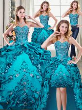 Artistic Four Piece Teal Ball Gowns Beading and Embroidery and Pick Ups 15th Birthday Dress Lace Up Organza and Taffeta Sleeveless Floor Length