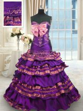 Deluxe Purple Lace Up Sweetheart Appliques and Ruffled Layers and Bowknot 15 Quinceanera Dress Taffeta Sleeveless Brush Train
