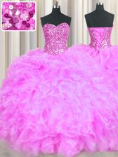 Free and Easy Lilac Ball Gowns Organza Sweetheart Sleeveless Beading and Ruffles Floor Length Lace Up 15th Birthday Dress