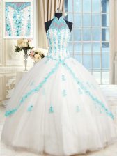 Admirable Halter Top Sleeveless Beading and Appliques Lace Up Quinceanera Gown