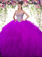 Excellent Eggplant Purple Tulle Lace Up Sweetheart Sleeveless Floor Length Quinceanera Dress Beading