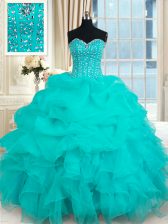 Dazzling Sleeveless Organza Floor Length Lace Up 15 Quinceanera Dress in Turquoise with Beading and Ruffles and Pick Ups
