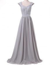  Scoop Cap Sleeves Lace Up Floor Length Lace and Pleated Prom Dresses