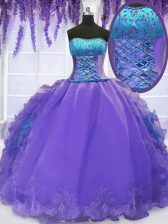  Strapless Sleeveless Organza 15th Birthday Dress Embroidery and Ruffles Lace Up