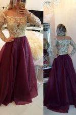 Scoop Floor Length Burgundy Evening Dress Organza Long Sleeves Beading and Appliques