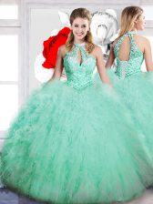 Graceful Apple Green Lace Up Quinceanera Dresses Beading Sleeveless Floor Length