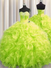 Fashionable Yellow Green Sweetheart Lace Up Beading and Ruffles Quinceanera Gowns Brush Train Long Sleeves