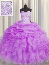 Best Selling Sleeveless Floor Length Beading and Ruffles Lace Up Vestidos de Quinceanera with Lilac