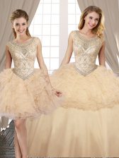 Free and Easy Three Piece Scoop Floor Length Champagne 15th Birthday Dress Organza and Tulle Sleeveless Beading and Ruffles