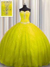  Sweetheart Sleeveless Court Train Lace Up Vestidos de Quinceanera Yellow Tulle and Sequined