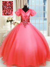 Ideal Short Sleeves Appliques Lace Up Quince Ball Gowns