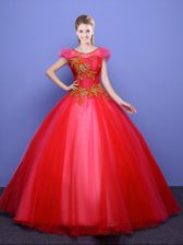 Beautiful Scoop Short Sleeves Floor Length Lace Up 15 Quinceanera Dress Coral Red for Military Ball and Sweet 16 and Quinceanera with Appliques