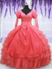  Coral Red Organza Lace Up V-neck Long Sleeves Floor Length Sweet 16 Quinceanera Dress Beading and Embroidery
