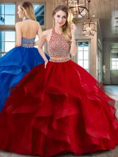 Adorable Halter Top Red Backless Sweet 16 Quinceanera Dress Beading and Ruffles Sleeveless With Brush Train