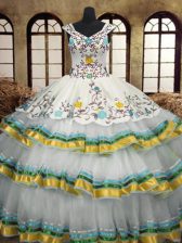  V-neck Sleeveless Vestidos de Quinceanera Floor Length Embroidery and Ruffled Layers Multi-color Organza