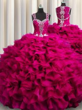 Popular Zipple Up See Through Back Straps Sleeveless Sweet 16 Dresses Floor Length Beading and Ruffles Fuchsia Organza