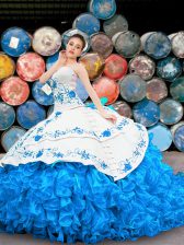  Blue And White Organza Lace Up Halter Top Sleeveless Floor Length 15 Quinceanera Dress Appliques and Embroidery and Ruffles