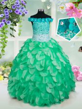  Off the Shoulder Floor Length Ball Gowns Sleeveless Green Little Girls Pageant Dress Lace Up