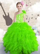  Ball Gowns One Shoulder Sleeveless Organza Floor Length Lace Up Beading and Ruffles Little Girl Pageant Gowns