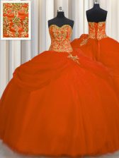  Orange Red Ball Gowns Sweetheart Sleeveless Tulle Floor Length Lace Up Beading 15th Birthday Dress