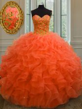  Sleeveless Organza Floor Length Lace Up Quinceanera Gowns in Orange Red with Beading and Ruffles