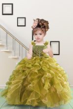 Custom Design Floor Length Yellow Green Child Pageant Dress Organza Sleeveless Beading and Ruffles