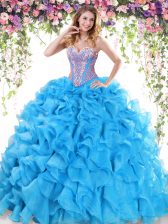 Modest Baby Blue Lace Up Vestidos de Quinceanera Beading and Ruffles Sleeveless Sweep Train