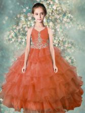 Unique Halter Top Ruffled Orange Sleeveless Organza Zipper Party Dress for Girls for Party and Wedding Party