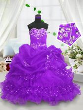  Pick Ups Ruffled Ball Gowns Little Girls Pageant Gowns Purple Sweetheart Organza Sleeveless Floor Length Lace Up