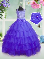 High Class Purple Zipper Little Girls Pageant Dress Wholesale Beading and Ruffled Layers Sleeveless Floor Length