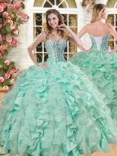 Classical Floor Length Lace Up 15th Birthday Dress Apple Green for Military Ball and Sweet 16 and Quinceanera with Beading and Ruffles