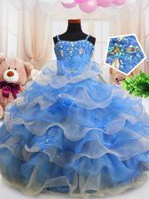  Blue Sleeveless Beading and Ruffled Layers Floor Length Little Girl Pageant Gowns