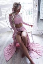 Enchanting Chiffon Off The Shoulder Long Sleeves Zipper Lace Prom Evening Gown in Pink