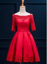 Pleated Off The Shoulder Half Sleeves Lace Up Homecoming Dress Red Satin