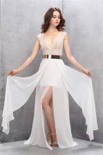  White Tulle Zipper Square Sleeveless Prom Evening Gown Sweep Train Lace and Belt