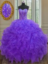 Spectacular Purple Ball Gowns Sweetheart Sleeveless Organza Floor Length Lace Up Beading and Ruffles Sweet 16 Dresses