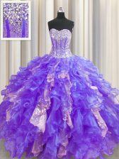  Sequins Visible Boning Sweetheart Sleeveless Lace Up Sweet 16 Dress Purple Organza and Sequined