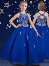  Ball Gowns Girls Pageant Dresses Royal Blue Scoop Organza Sleeveless Floor Length Zipper