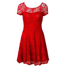  Red Evening Dress Prom and Party with Lace Scoop Short Sleeves Side Zipper