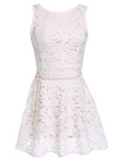 Custom Design Scoop White Zipper Homecoming Dress Lace and Belt Sleeveless Mini Length