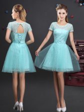  Scoop Short Sleeves Mini Length Lace Up Damas Dress Aqua Blue for Prom and Party and Wedding Party with Lace and Appliques and Belt