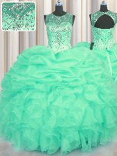  Scoop See Through Turquoise Organza Lace Up Quinceanera Dress Sleeveless Floor Length Beading and Ruffles and Pick Ups