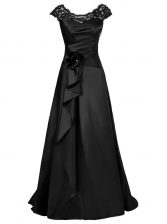 Sweet Scoop Black A-line Beading and Appliques Zipper Chiffon Cap Sleeves Floor Length