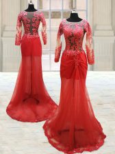  Red Side Zipper Scoop Appliques Tulle Long Sleeves