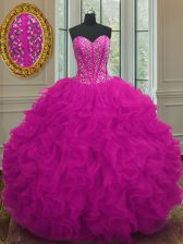 Stylish Fuchsia Ball Gowns Beading and Ruffles Quince Ball Gowns Lace Up Organza Sleeveless Floor Length