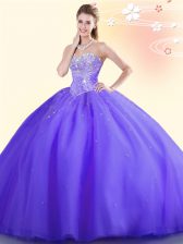  Purple Tulle Lace Up Sweetheart Sleeveless Floor Length Quinceanera Dress Beading