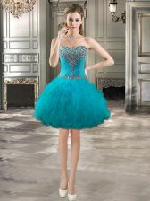 Modest Teal Tulle Lace Up Homecoming Dress Sleeveless Mini Length Beading and Ruffles