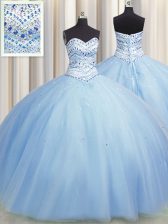  Bling-bling Big Puffy Sleeveless Floor Length Beading Lace Up Quinceanera Dress with Light Blue