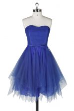 Colorful Strapless Sleeveless Prom Gown Knee Length Belt Royal Blue Tulle and Lace